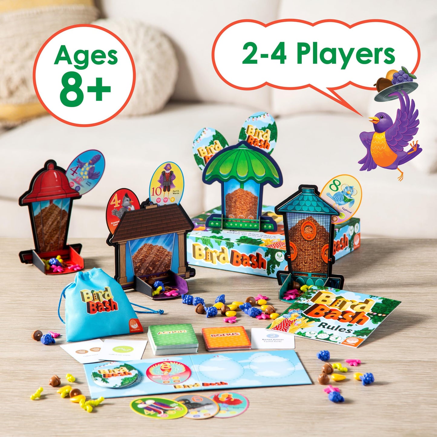 MindWare Bird Bash Family Board Game for 2-4 Players - Easy to Learn and Play in 40 Minutes - Earn Points with Action Cards - Fun Kid Board Games