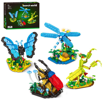 mesproud Ideas Insect Collection Toys, Bug Building Set with Life-Size Blue Morpho Butterfly, Hercules Beetle, Dragonfly and Chinese Mantis Display