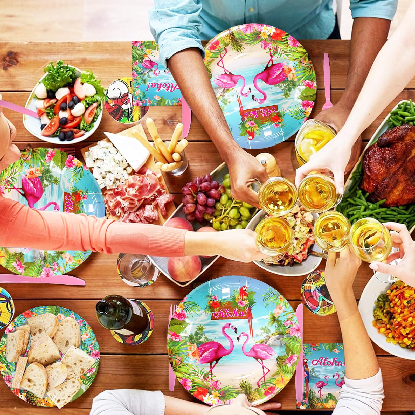 175 Pcs Aloha Tropical Flamingo Party Supplies Set - Serves 25, Hawaiian Luau Disposable Tableware, Includes Plates, Cups, Napkins, Forks, Spoons