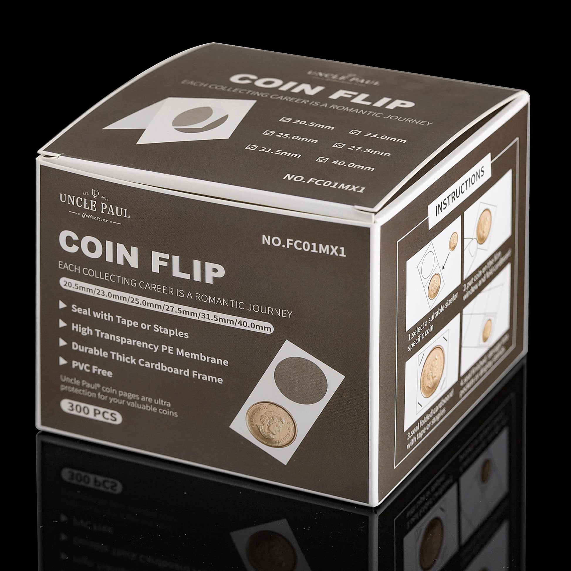 300PCS Coin Flips in 6 Sizes Cardboard Coins Holders 2x2 inch Pockets Coin Collection Supplies Album Display Coin Book for Dollars, Penny, Quarter