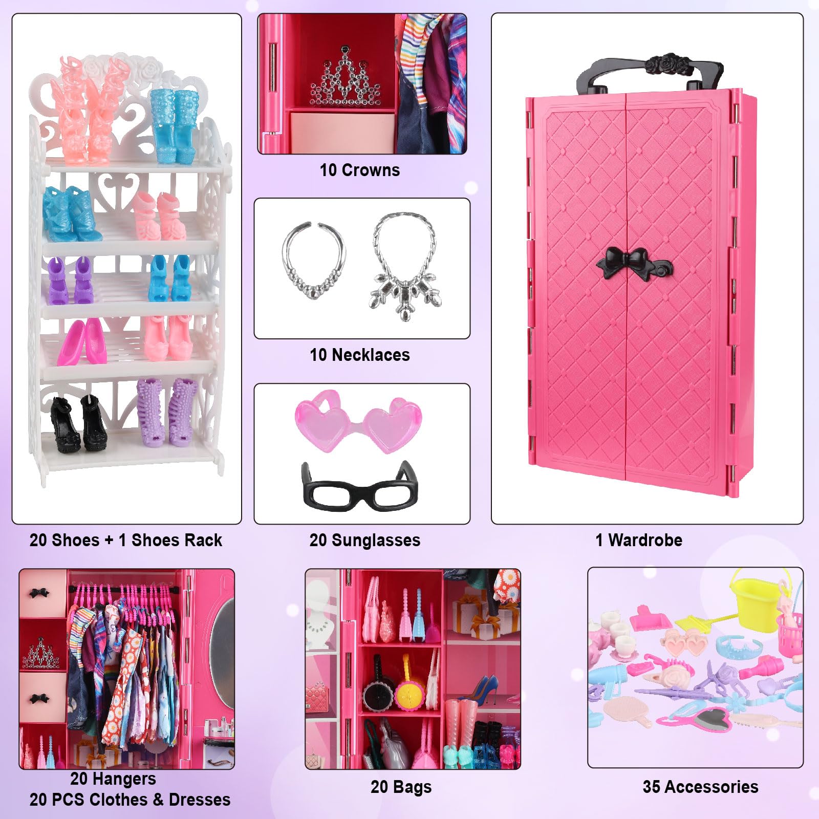 ZHENYETAI 184 Piece Doll Wardrobe&Toy Folding Wardrobe - Includes Folding Wardrobe+Tent+Dog and Cat Pet House with Rich Accessories for Easy Storage