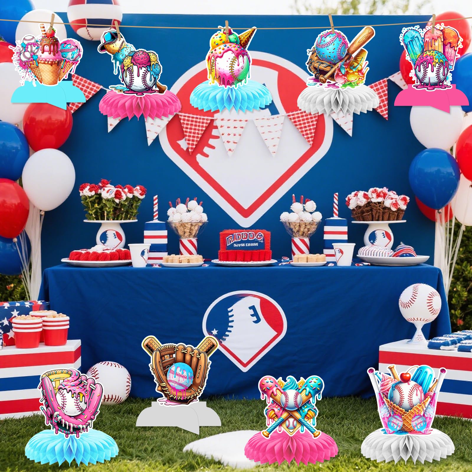 Baseball Drip Birthday Party Centerpieces: 9Pcs Ice Cream Drip Baseball Party Decorations Ice Cream Baseball Drip Party Decorations