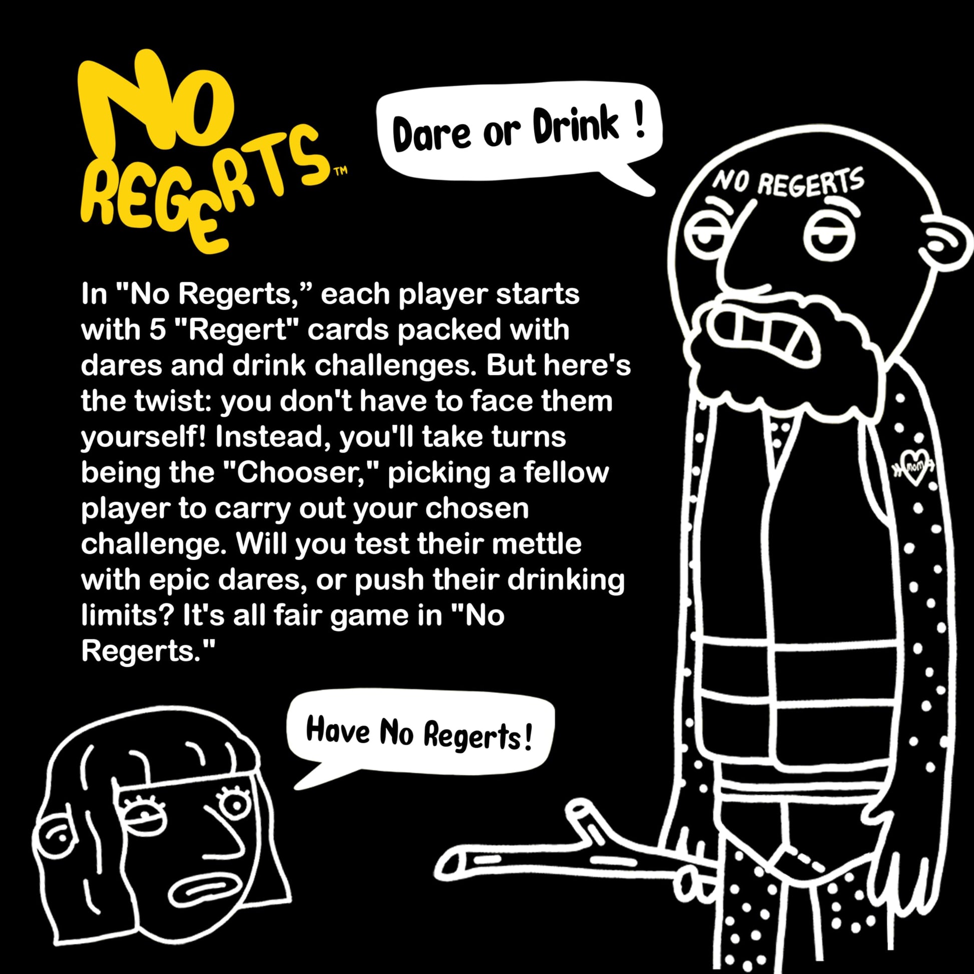 Mojo Games, No Regerts - A Game of Dares, Drinks and No Regerts. Adult Card Game for Game Night, Drinking Game, Party Game