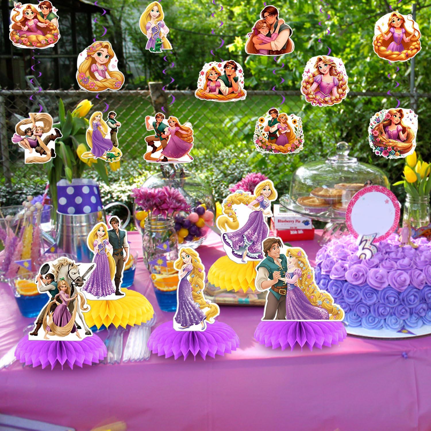 Long Hair Princess Birthday Party Decorations,Princess Party Supply Set for Kids with Happy Birthday Banner, Swirls,Centerpieces,18Balloons