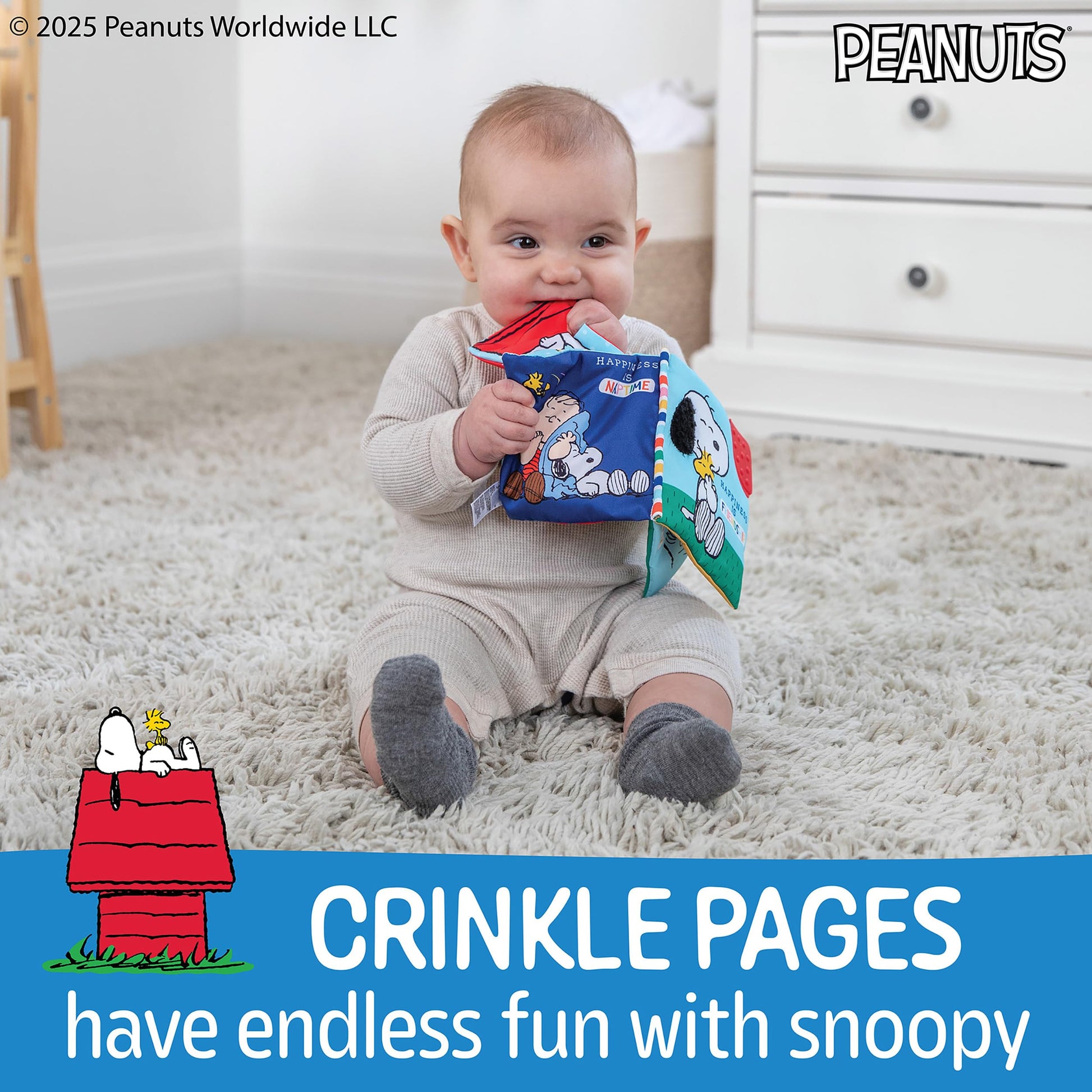 Kids Preferred Peanuts Snoopy Baby Stuff Fun Crinkle Book with On The Go Travel Clip Teether Soft Sensory Book for Babies & Toddlers, 5.25x5.25 Inches