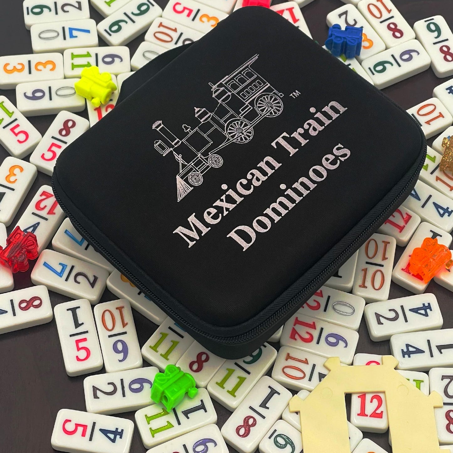CHH Double 12 Mexican Train Number Dominoes - Travel Size with Zip Up Case, Hub & 8 Domino Trains - 91 Fun Size Numbered Dominoes
