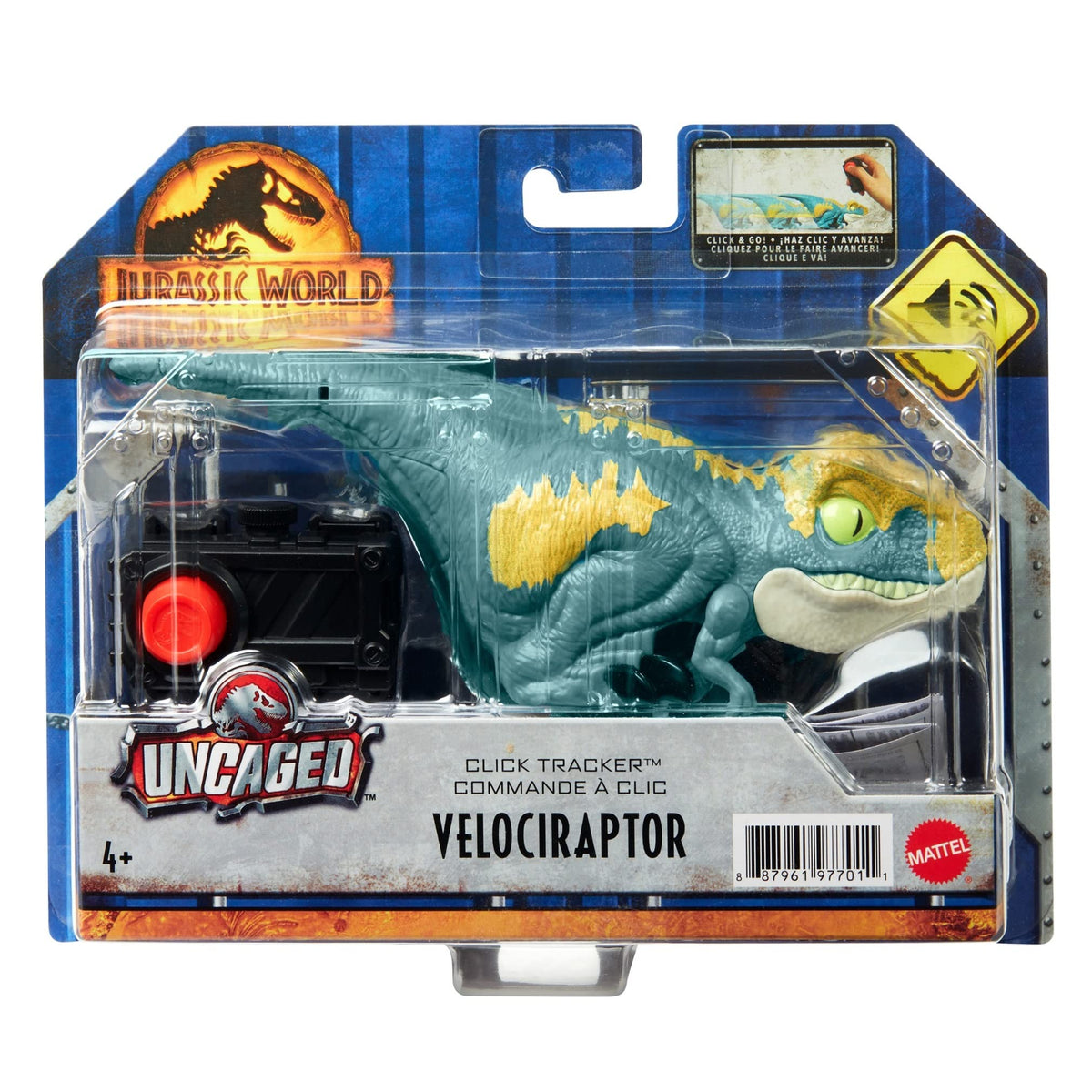 Mattel Jurassic World Dominion Uncaged Dinosaur Toy with Clicker-Controlled Motion & Sound, Click Tracker Velociraptor 'Blue' Dino Action Figure