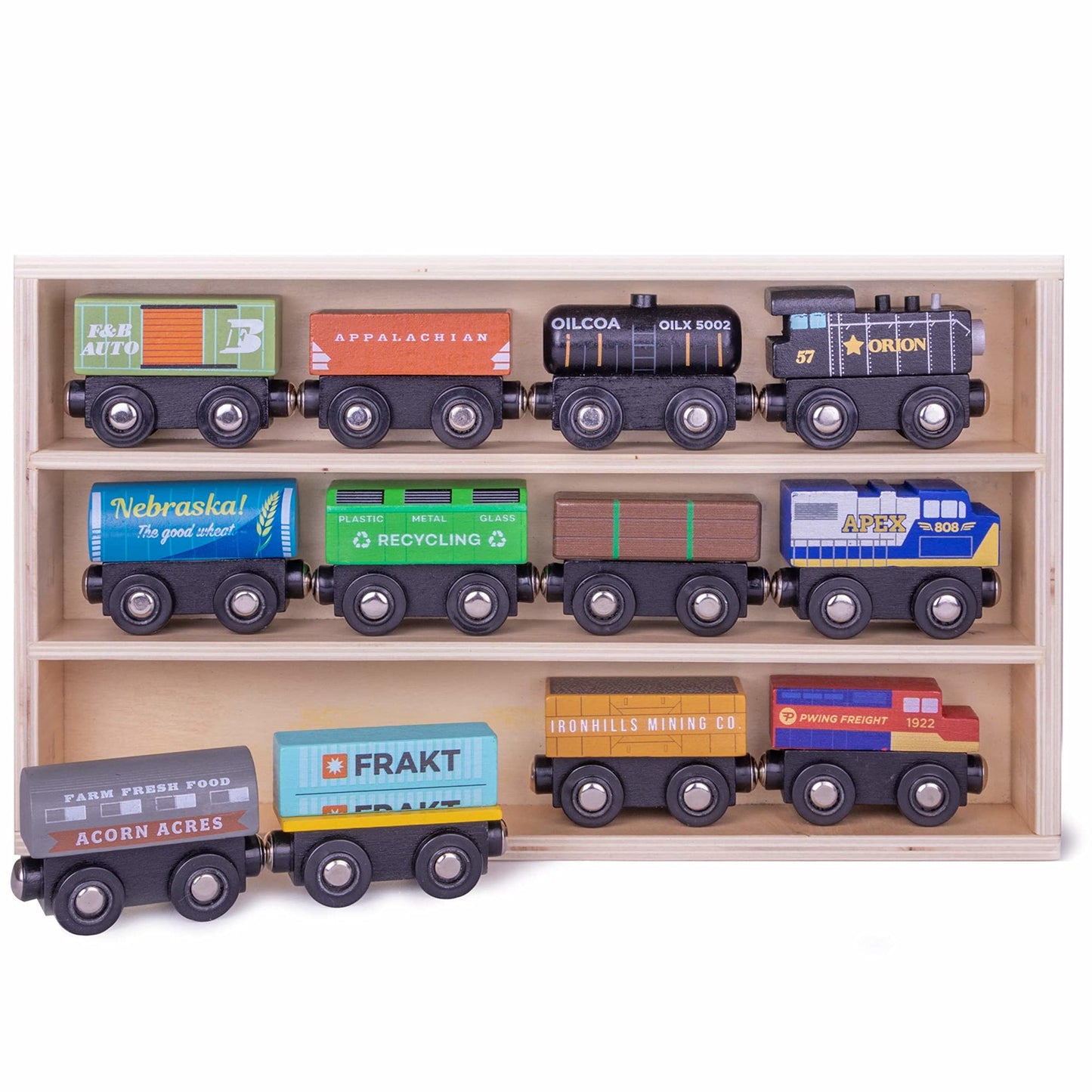 Playtime Express Train Set | 12-Piece Wooden Train Box | Includes Unique Custom Designs and Classics: Recycling Transport, Timber Train, Wheat Car