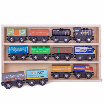 Playtime Express Train Set | 12-Piece Wooden Train Box | Includes Unique Custom Designs and Classics: Recycling Transport, Timber Train, Wheat Car