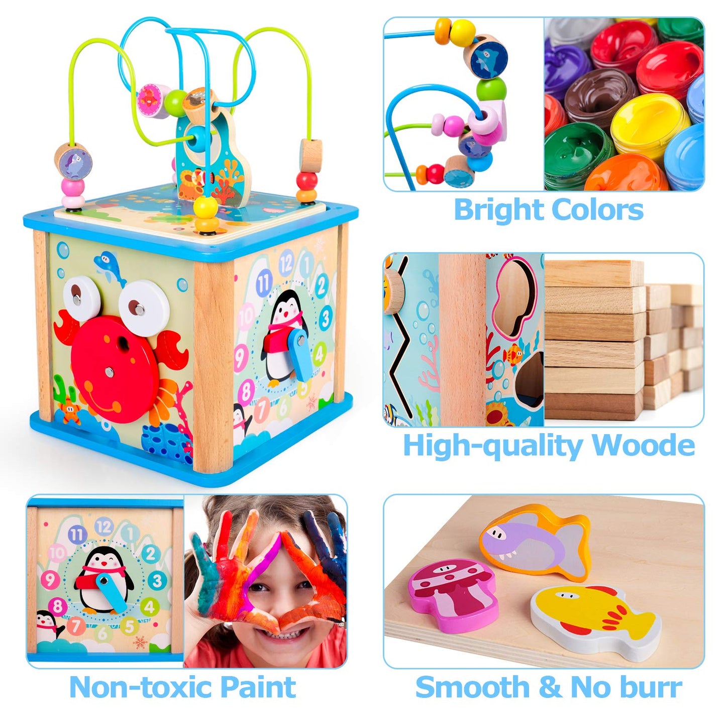 rolimate Wooden Activity Cube Best Christmas Gifts for 3 Year Old and Up Boy Girl Shape Sorter Activity Center for Baby Kid Toddler Preschool Learning