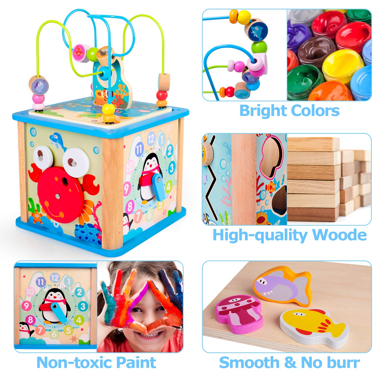 rolimate Wooden Activity Cube Best Christmas Gifts for 3 Year Old and Up Boy Girl Shape Sorter Activity Center for Baby Kid Toddler Preschool Learning