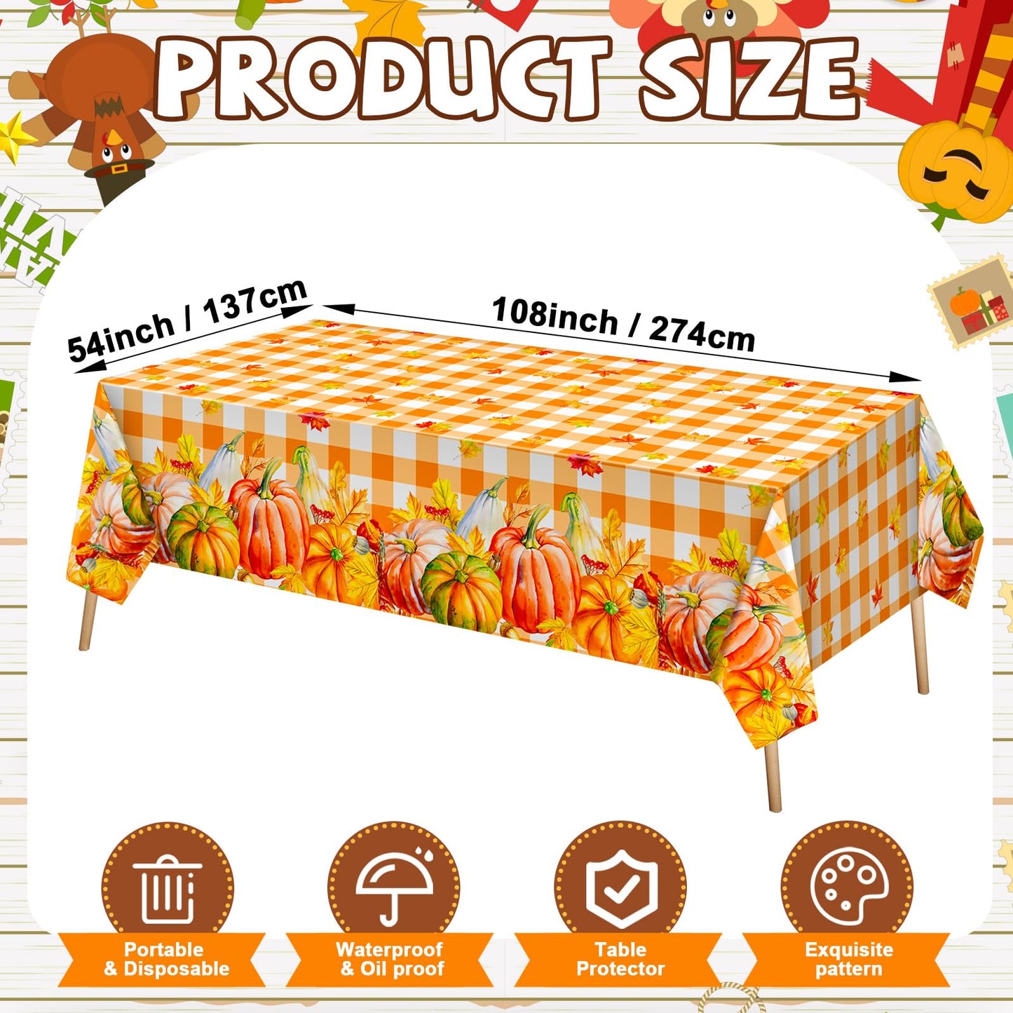 Newwiee 3 Pcs Thanksgiving Disposable Tablecloths Plastic Fall Table Covers 54 x 108 Inch Autumn Rectangle Tablecloths Pumpkin Maple Leaves Turkey