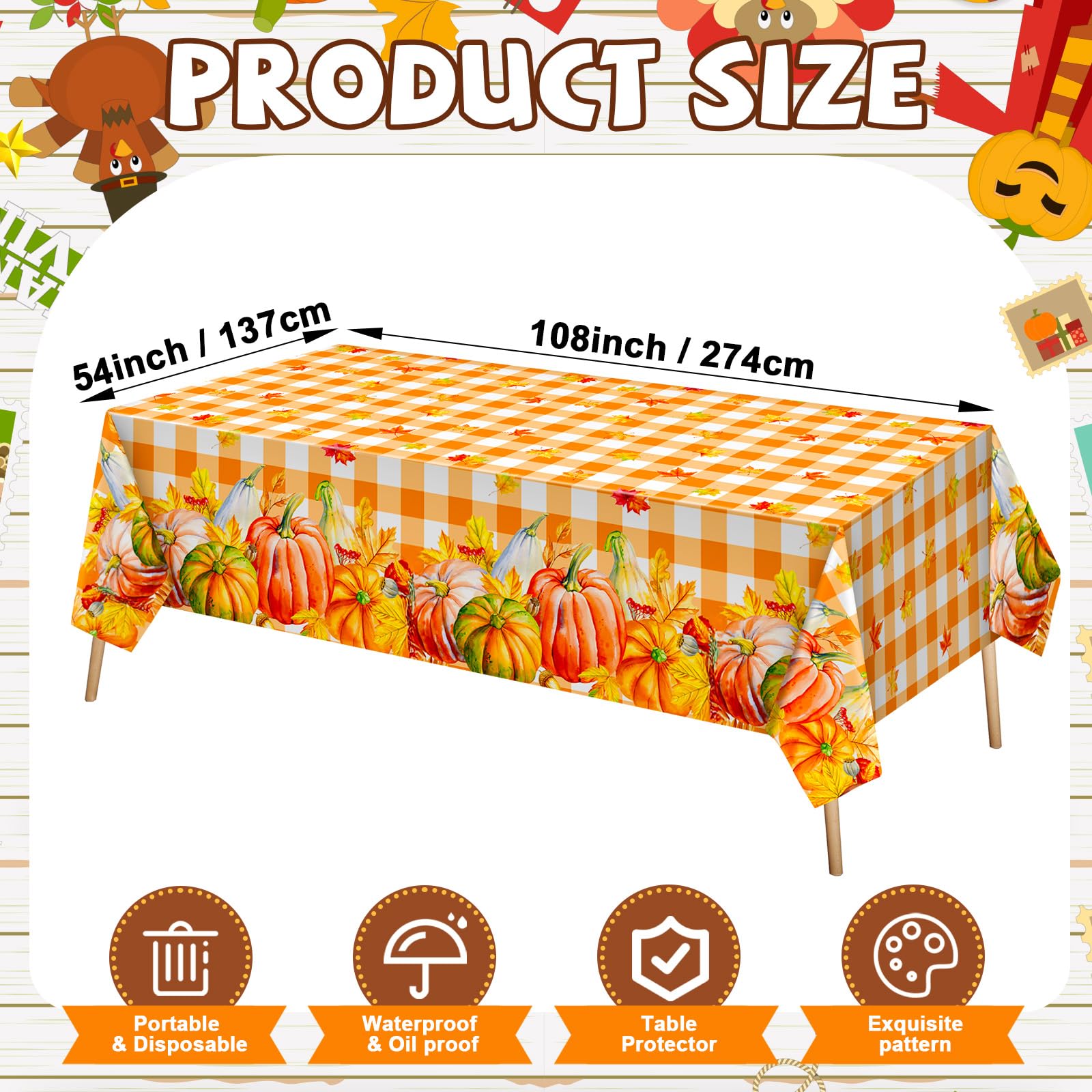 Newwiee 3 Pcs Thanksgiving Disposable Tablecloths Plastic Fall Table Covers 54 x 108 Inch Autumn Rectangle Tablecloths Pumpkin Maple Leaves Turkey
