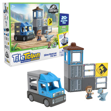 Tile Town Jurassic World Dino Rescue Magnetic Tiles Construction Building Set + Figures + Car, Kids 3-5+, New Action Tiles for Action Play, Realistic