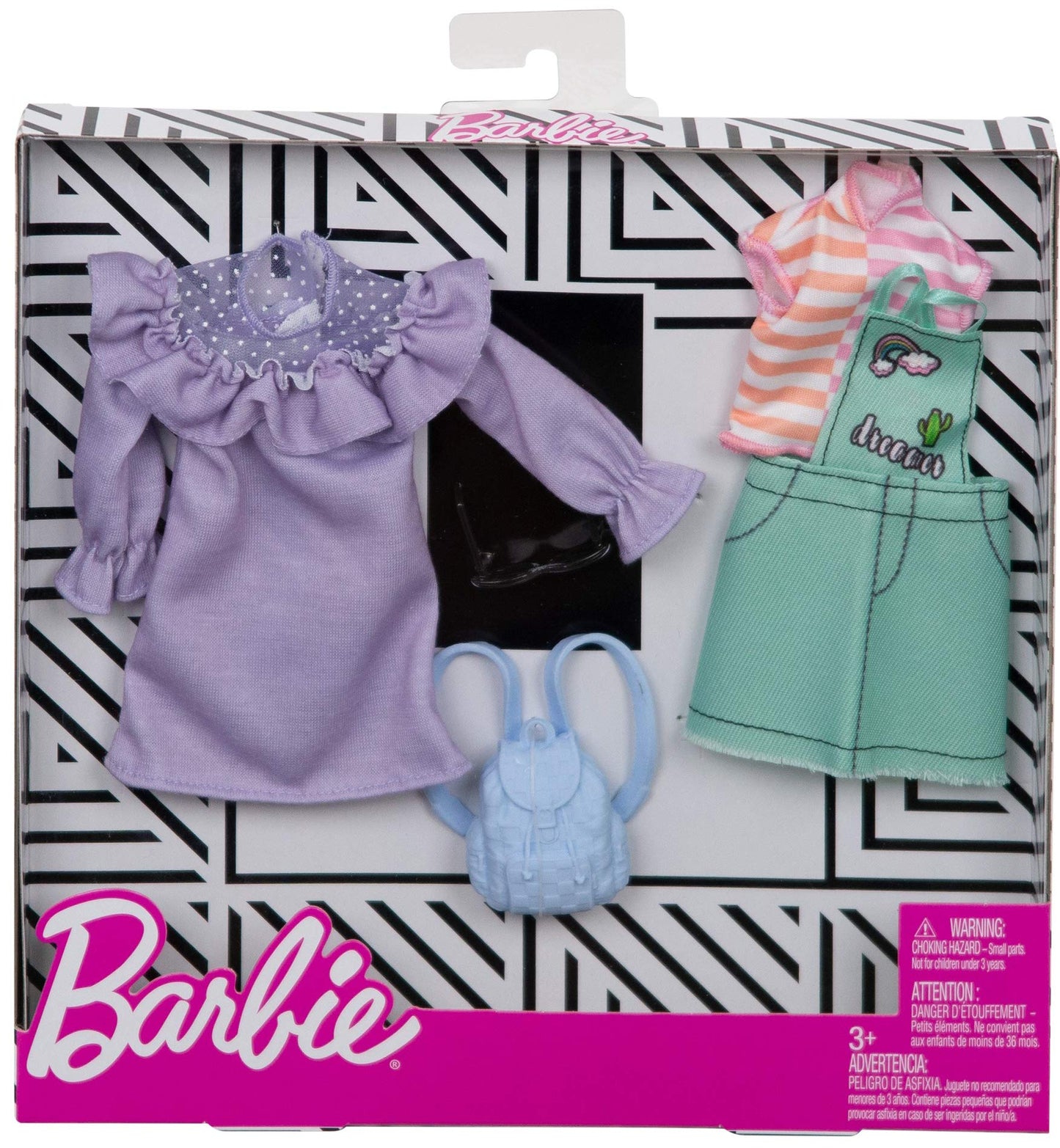 Barbie Clothes - 2 Outfits Doll Feature Pastels Like Light Green Overalls with Cute Graphics and Pink Backpack, Gift for 3 to 8 Year Olds