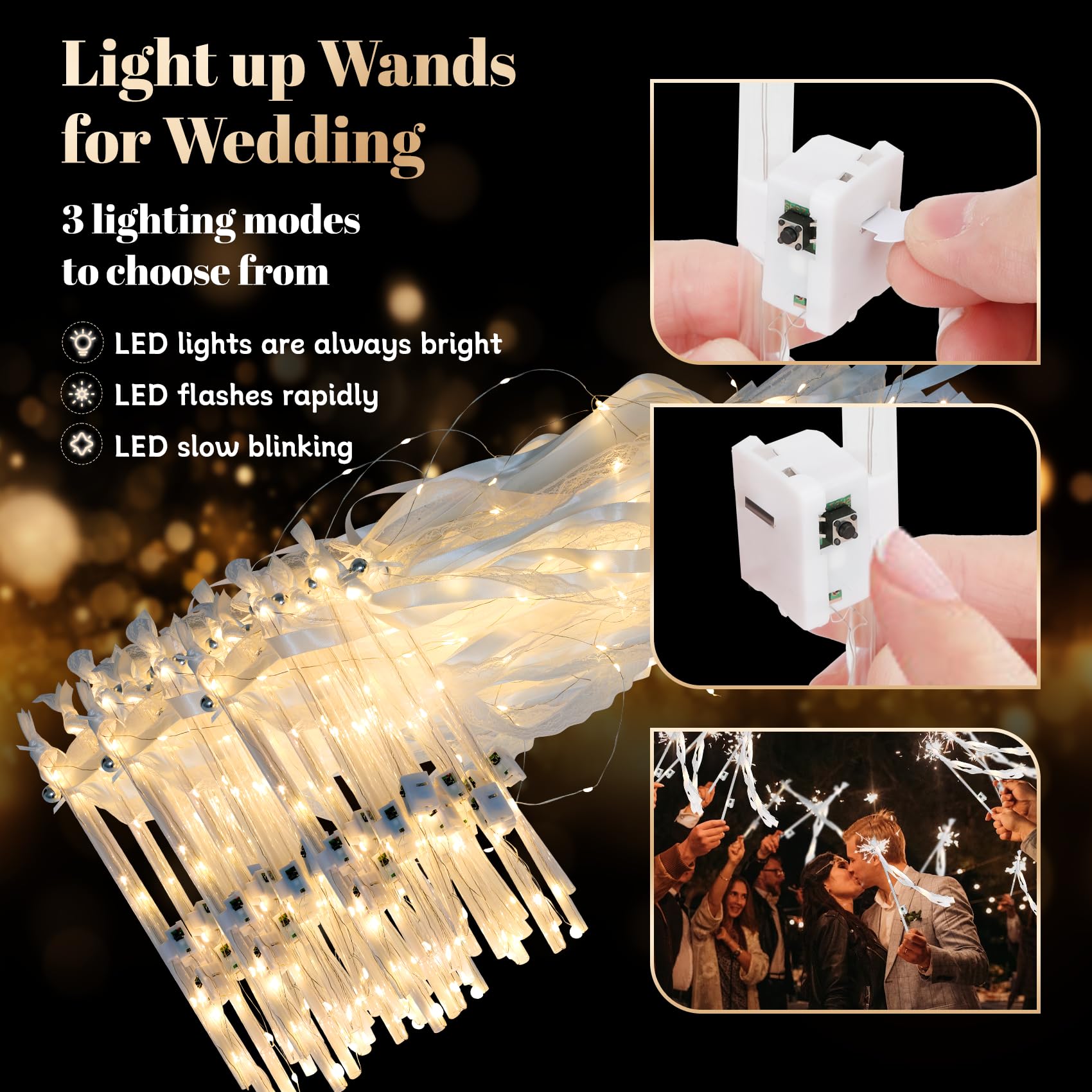 50 PCS Wedding Wands with Ribbons & Bells, Romantic Sparkle with Three Light Modes, Light up Wands for Wedding Send off, New Year, Birthday Party