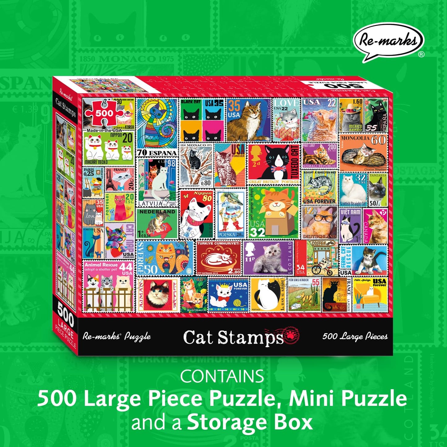 Re-marks Cat Stamps Collage Puzzle, 500 Large Piece Jigsaw Puzzle for All Ages