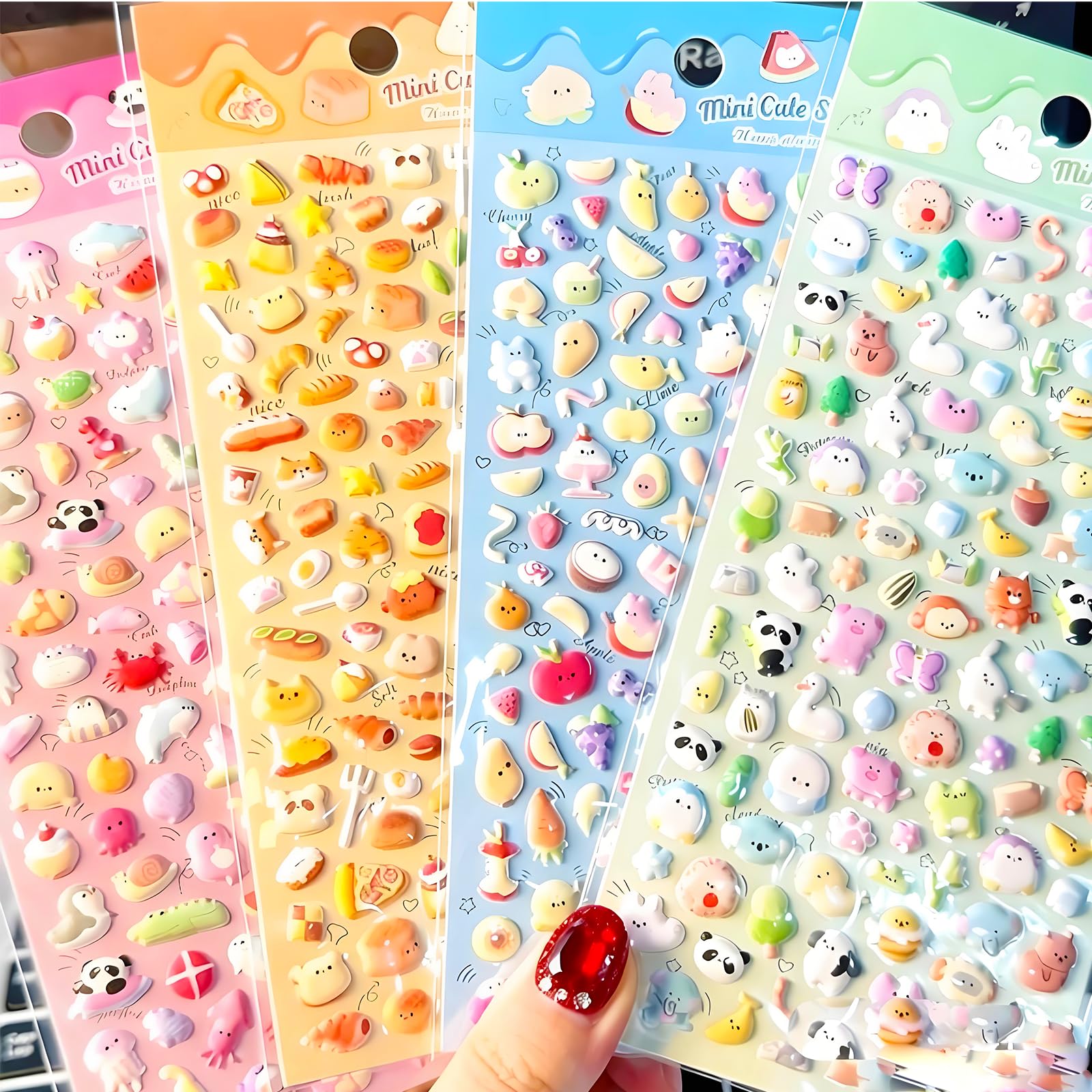 Mini Puffy Cute 3D Stickers DIY Decorative Adhesive Craft Clip and Paste Sticker Set for Boys and Girls Includes 4 Sheets Featuring Animals Food