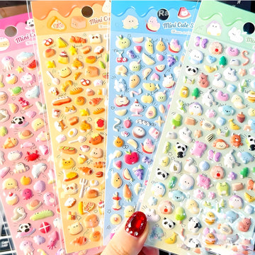 Mini Puffy Cute 3D Stickers DIY Decorative Adhesive Craft Clip and Paste Sticker Set for Boys and Girls Includes 4 Sheets Featuring Animals Food