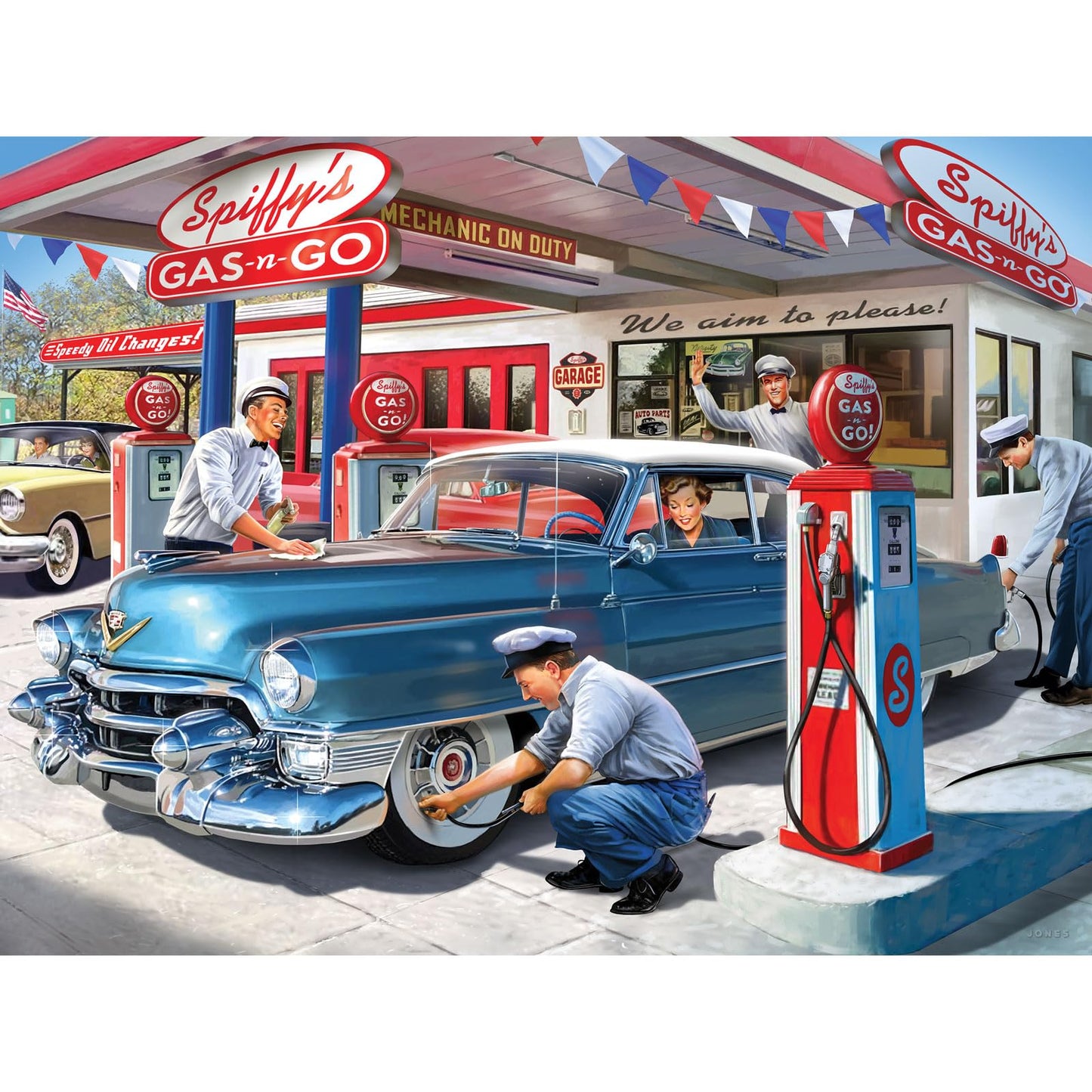 Bits and Pieces 300 Piece Puzzles for Adults 300 Large Pieces 15" x 19" Jigsaw Puzzles, Classic Cars Gas Station 1950s, Random Die Cut, No 2 Pieces