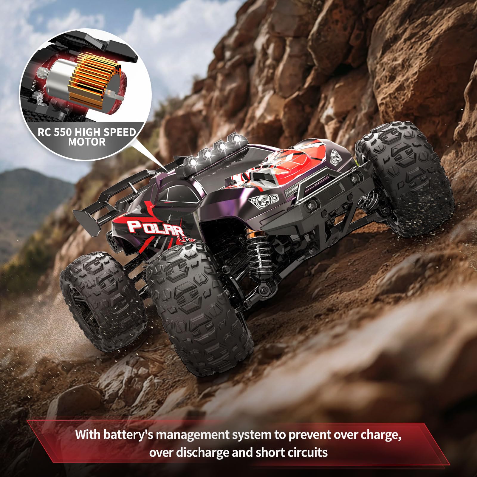 YESHIN 1:10 Large RC Car 45km/h High Speed Off-Road Truck, Waterproof Electric Powered RC Cars All Terrain Toys with 2 Rechargeable 2600mAh Batteries