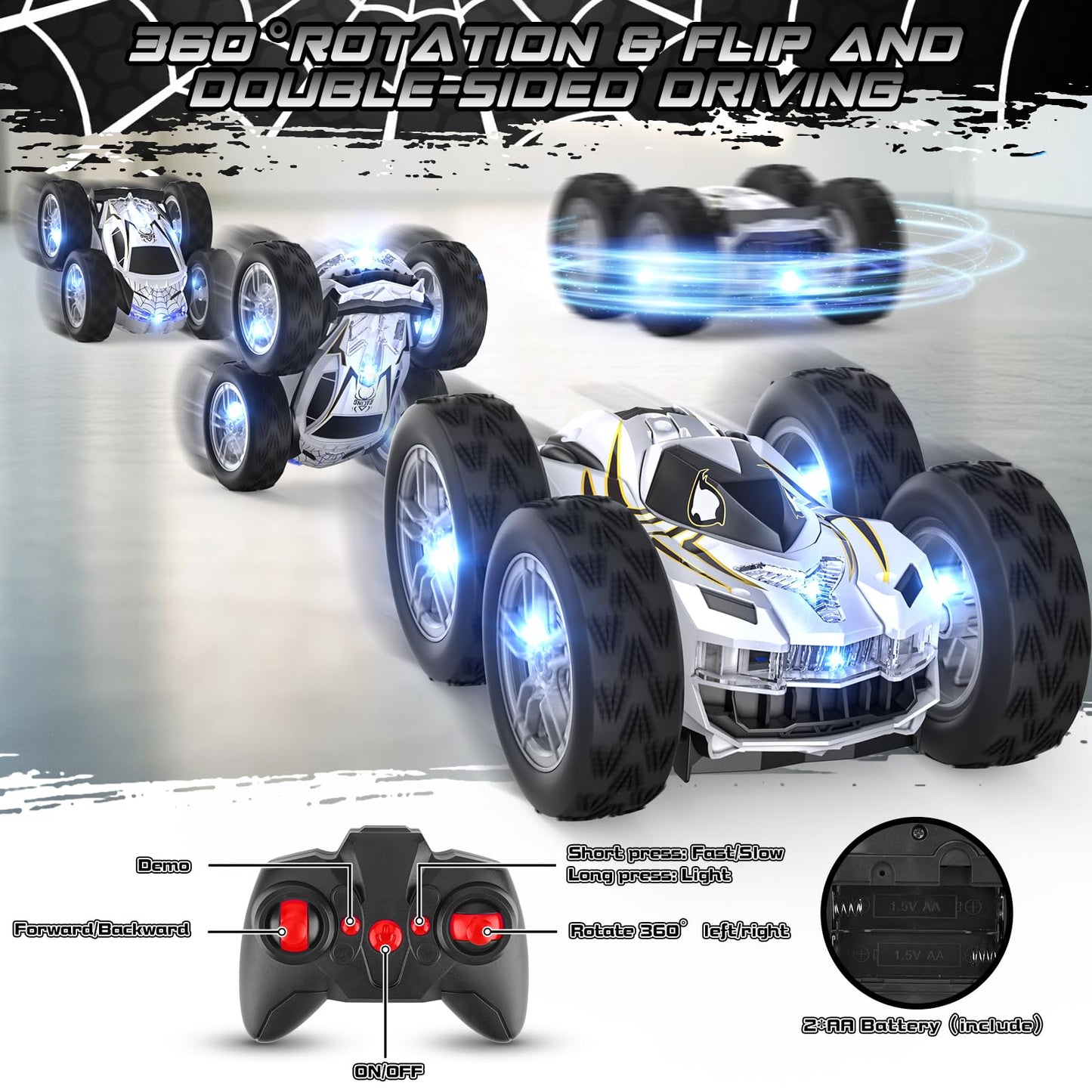 Double Sided Remote Control Car for Kids Boys 4-7, Spider RC Flip Stunt Car with Changeable Lights, Easter Birthday Gift for 3 4 5 6 7 8 9 Year Old