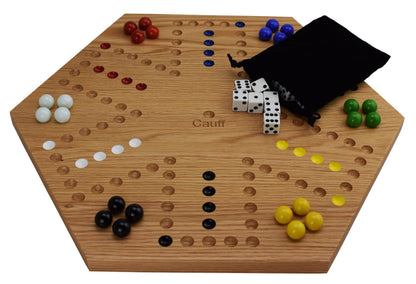 Cauff 20 Inch Solid Oak Double-Sided Marble/Wahoo Board Game with Hand-Finished and Hand-Painted Oak, Glass Marbles, Velvet Bag, 4 and 6 Player Sides