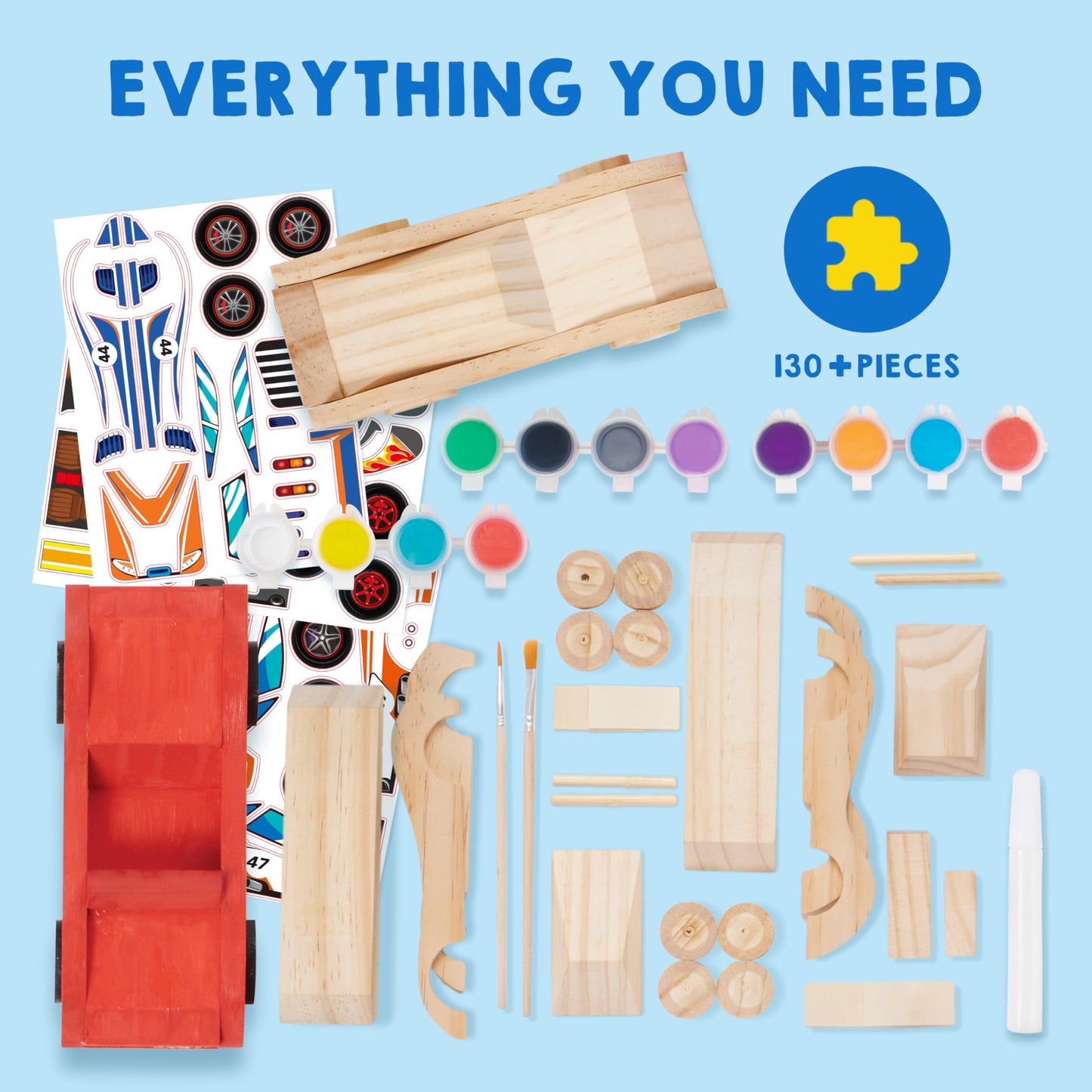Klever Kits 4 DIY Wooden Race Cars-Build & Paint Your Own Wood Craft Kit, 4 Race Cars Toy, Easy to Assemble Arts Crafts Kit, Birthday Party Presents