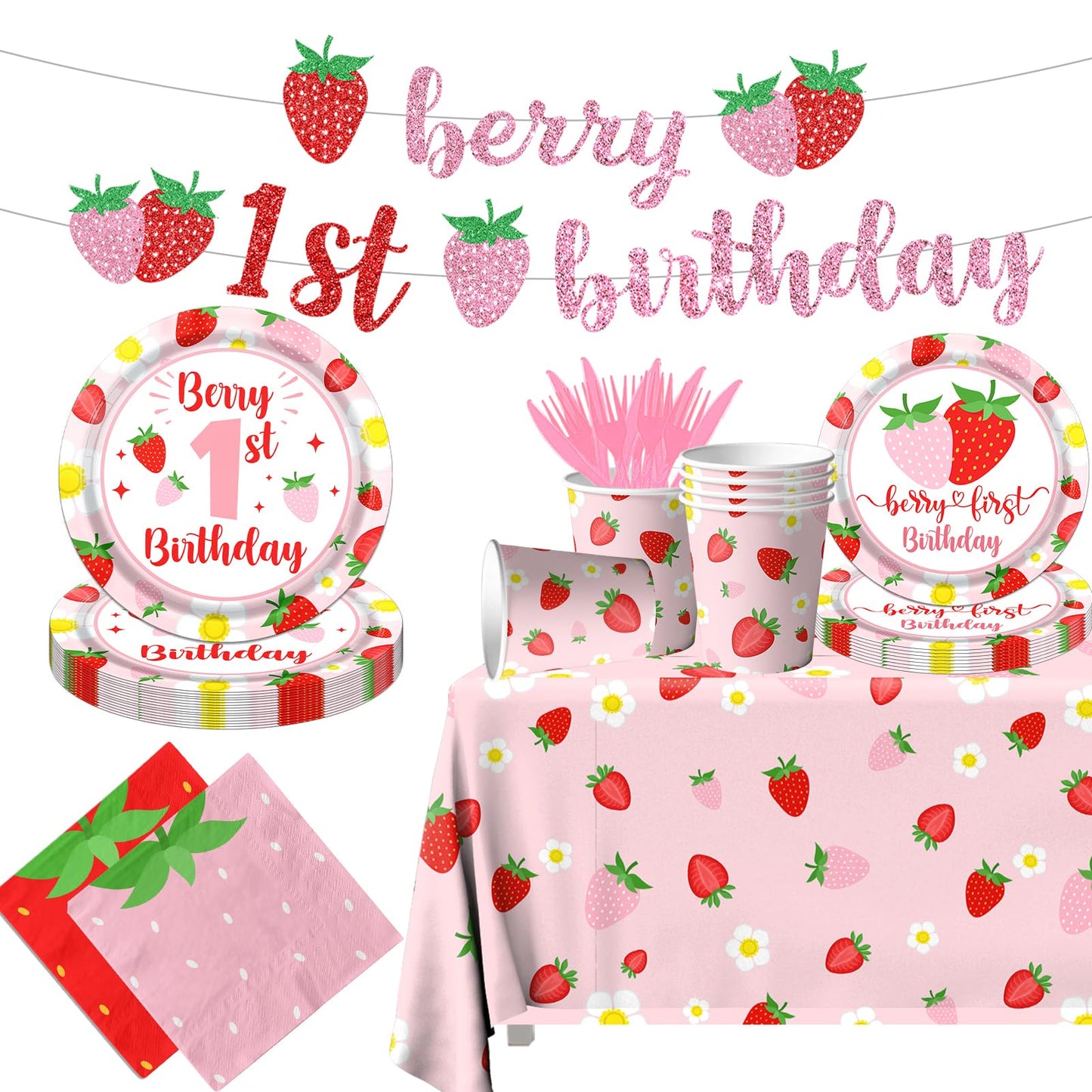 Berry First Birthday Decor Strawberry 1st Birthday Decorations for Girls with Plates, Napkins, Tablecloth, Cups Strawberry Party Decorations, Serve 20