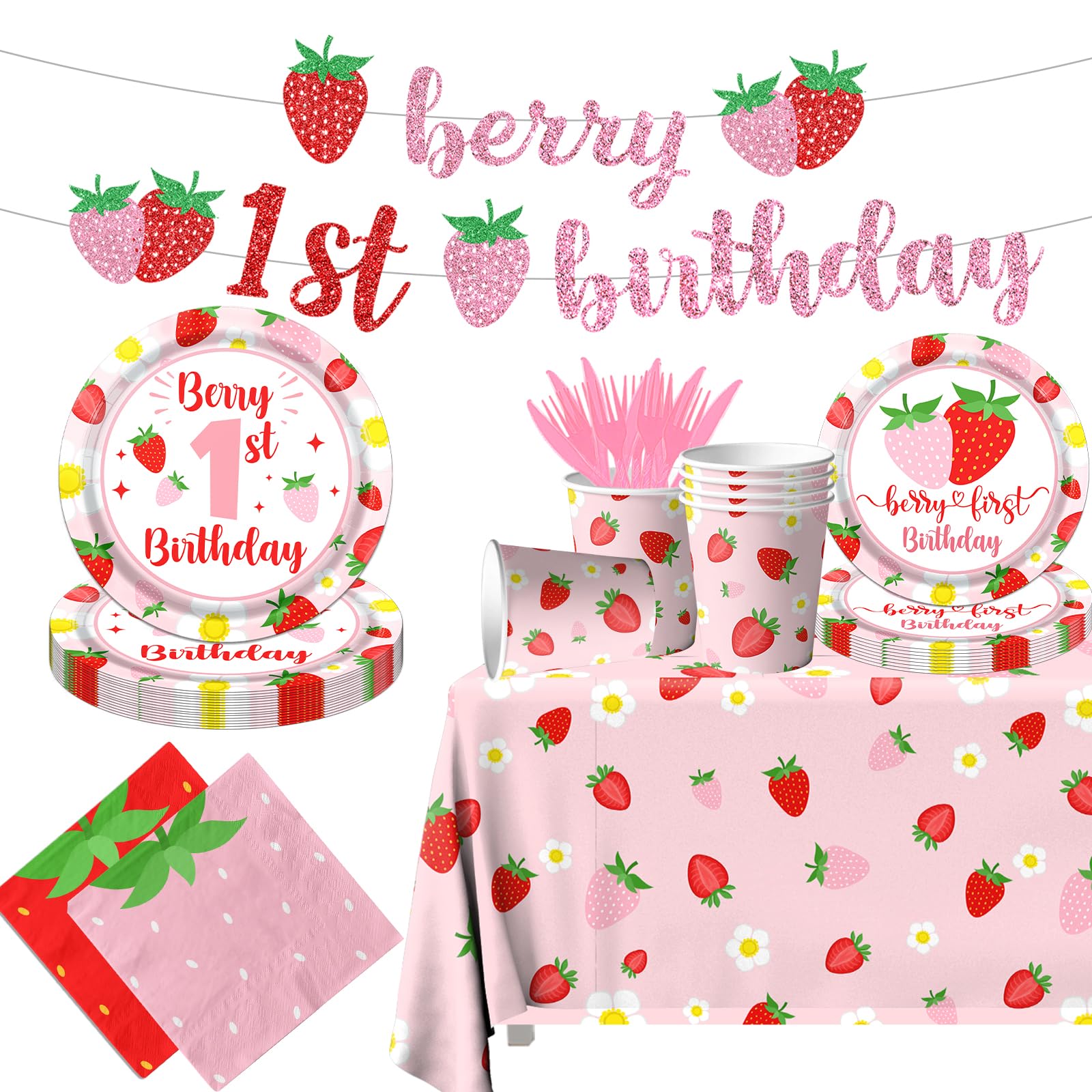 Berry First Birthday Decor Strawberry 1st Birthday Decorations for Girls with Plates, Napkins, Tablecloth, Cups Strawberry Party Decorations, Serve 20