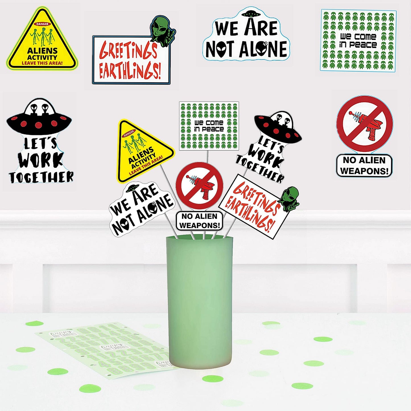 24pcs(6 styles) Alien Theme Table Centerpiece Sticks Decorations UFO Alien Table Toppers Decorations We Are Not Alone for Birthdays Party Supplies
