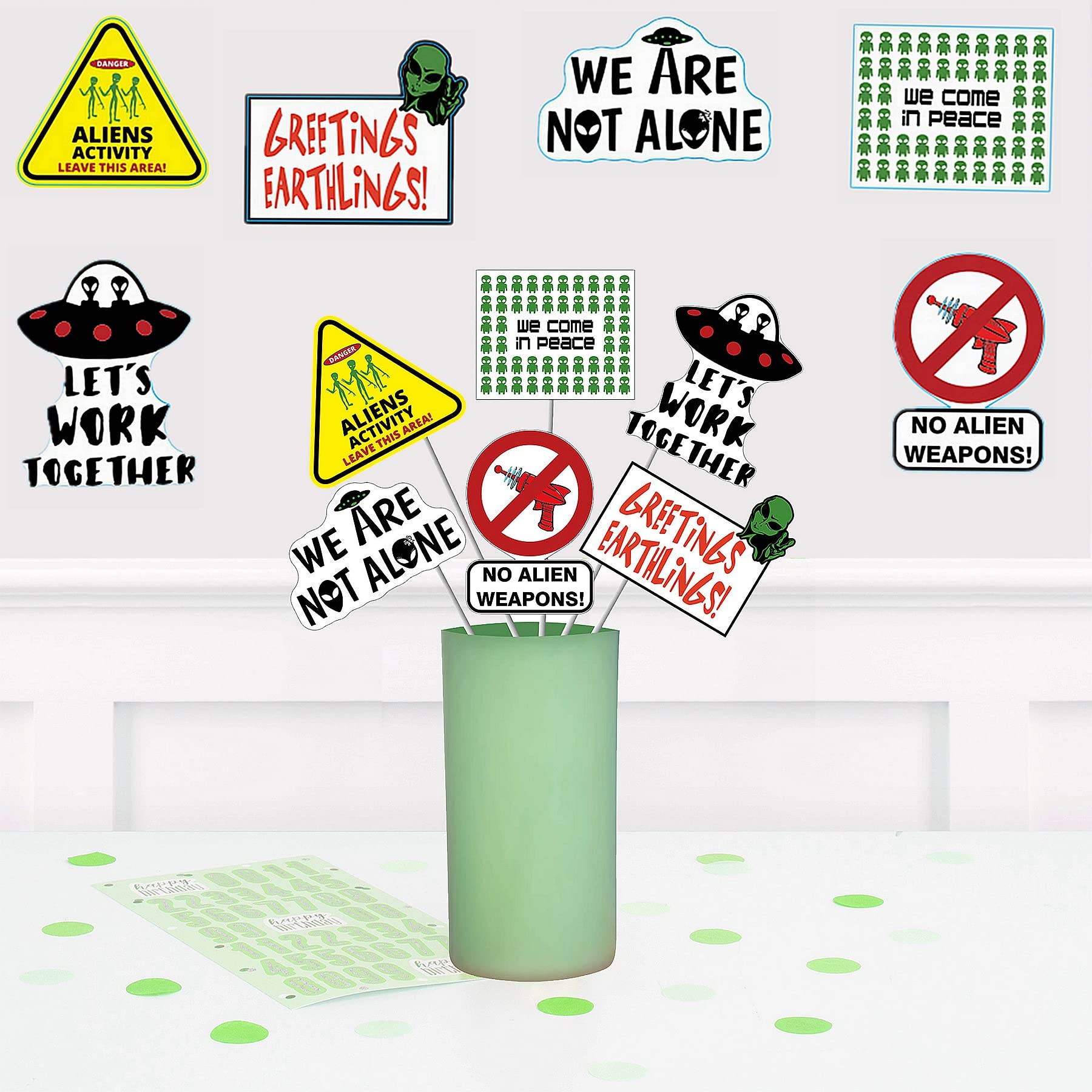 24pcs(6 styles) Alien Theme Table Centerpiece Sticks Decorations UFO Alien Table Toppers Decorations We Are Not Alone for Birthdays Party Supplies