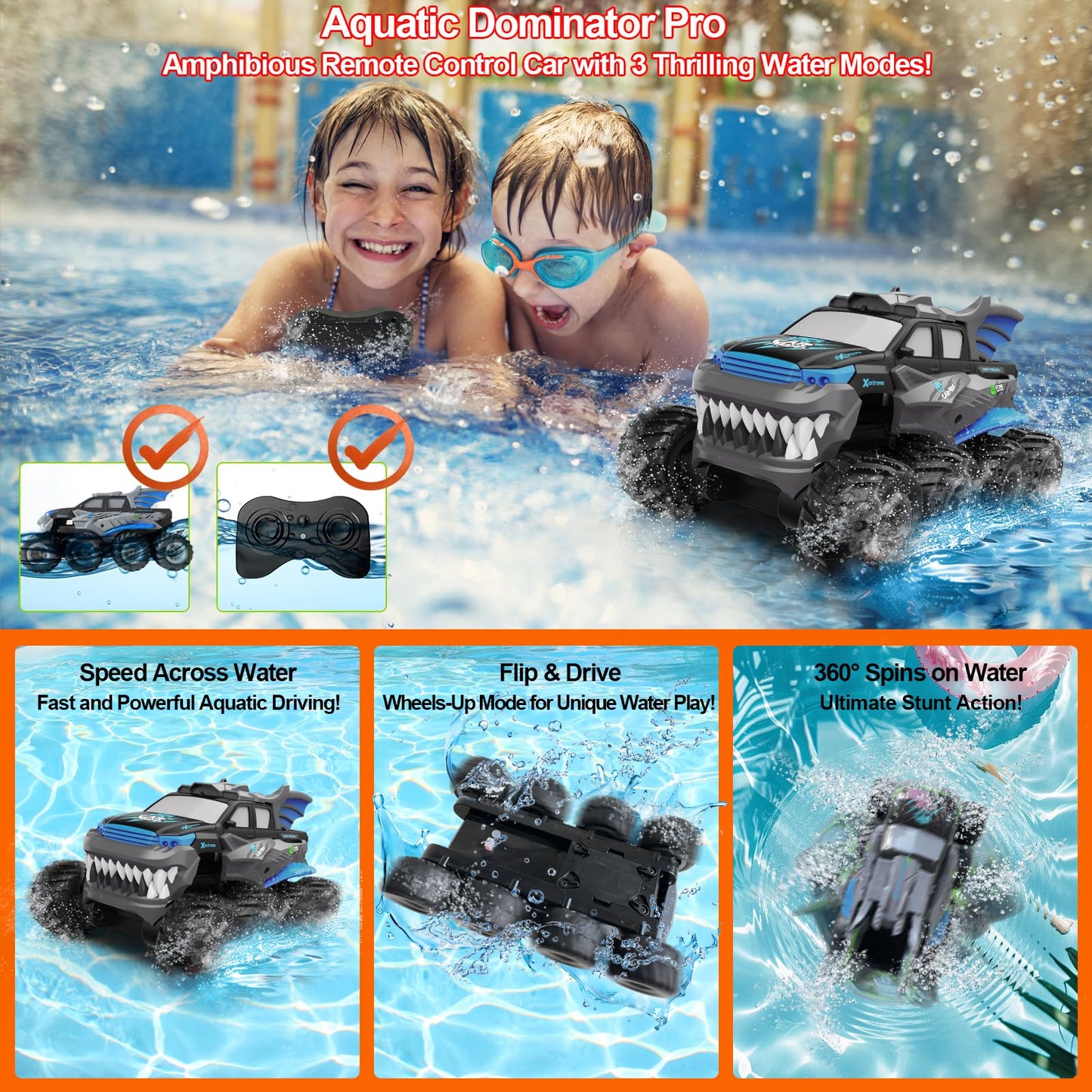 UFULMN Amphibious Remote Control Car 8WD RC Monster Truck for Boys Age 8-12 Offroad Waterproof RC Pickup All Terrain RC Drift Cars Beach Pool Toys