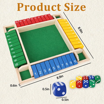Wewounyl Shut The Box Game Wooden (2-4 Players) with Dices for Classroom, Home, Party and Pub, Math Games Classics 4 Sided Tabletop Version Easy