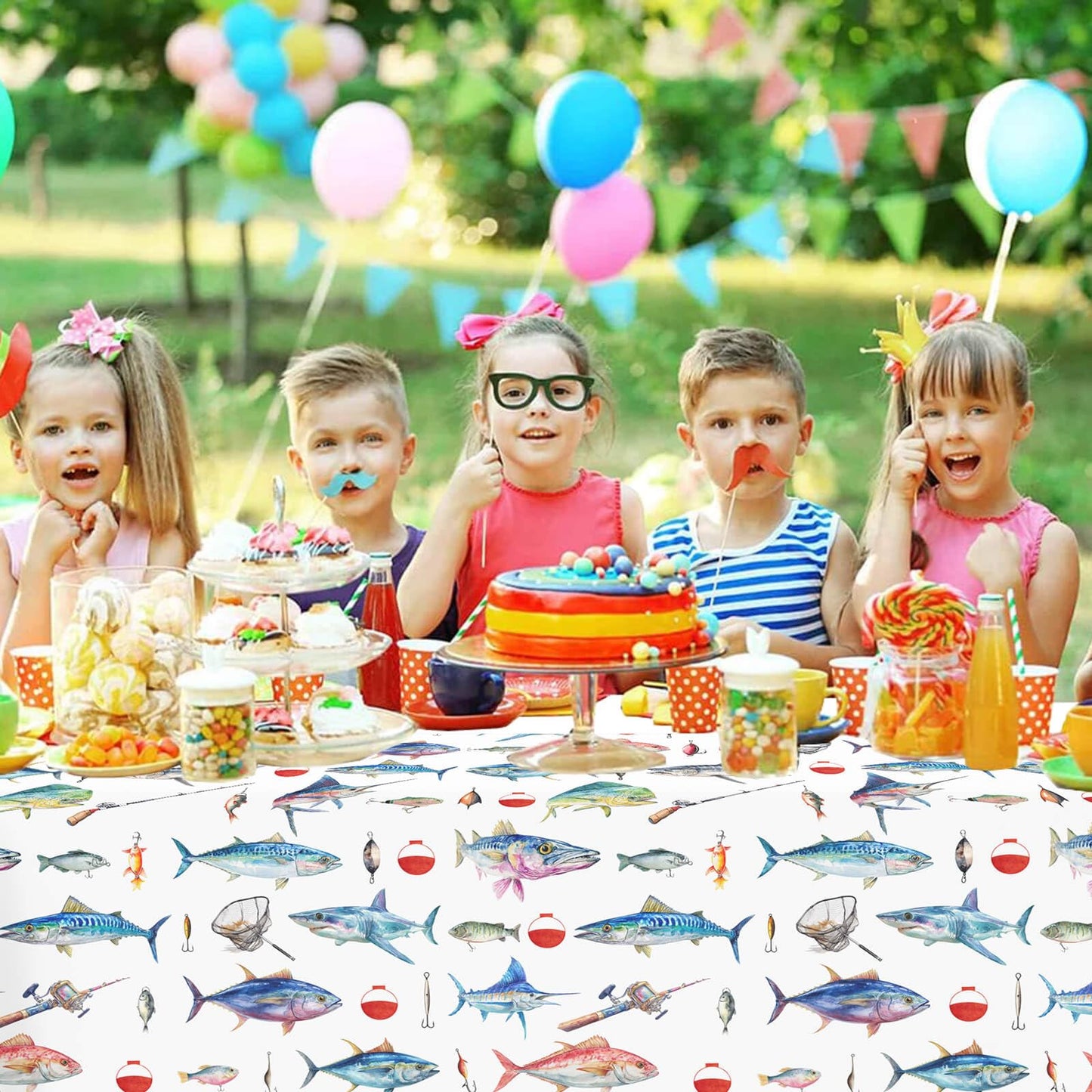 Letromp Fishing Tablecloths 54 x 108 Inch Gone Fishing Table Cover for Fishermen Theme Kids Men Birthday Party Table Decorations Supplies Favors