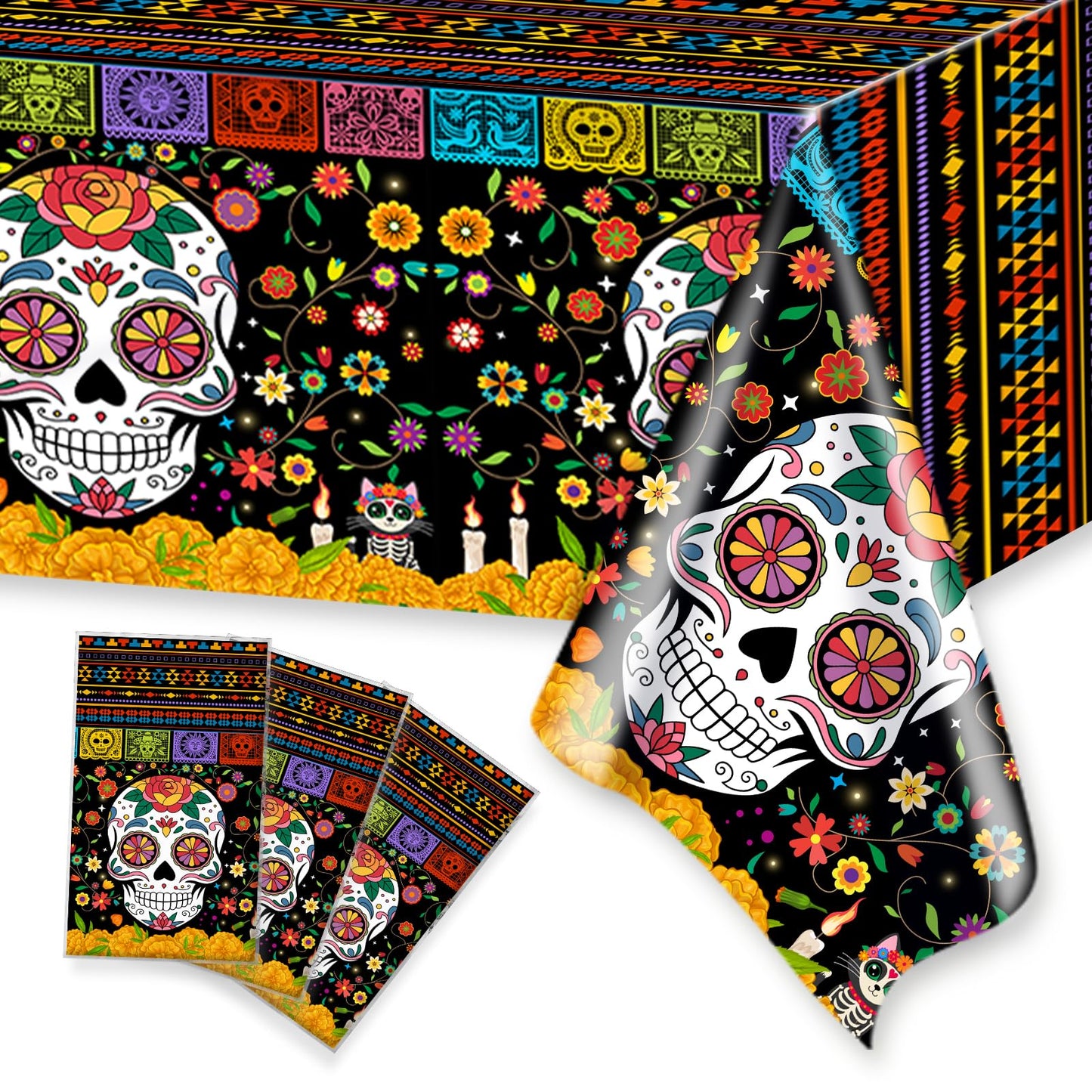 wuhuzsm 3Pcs Day of the Dead Plastic Tablecloth - 42 x 70.8 Inch