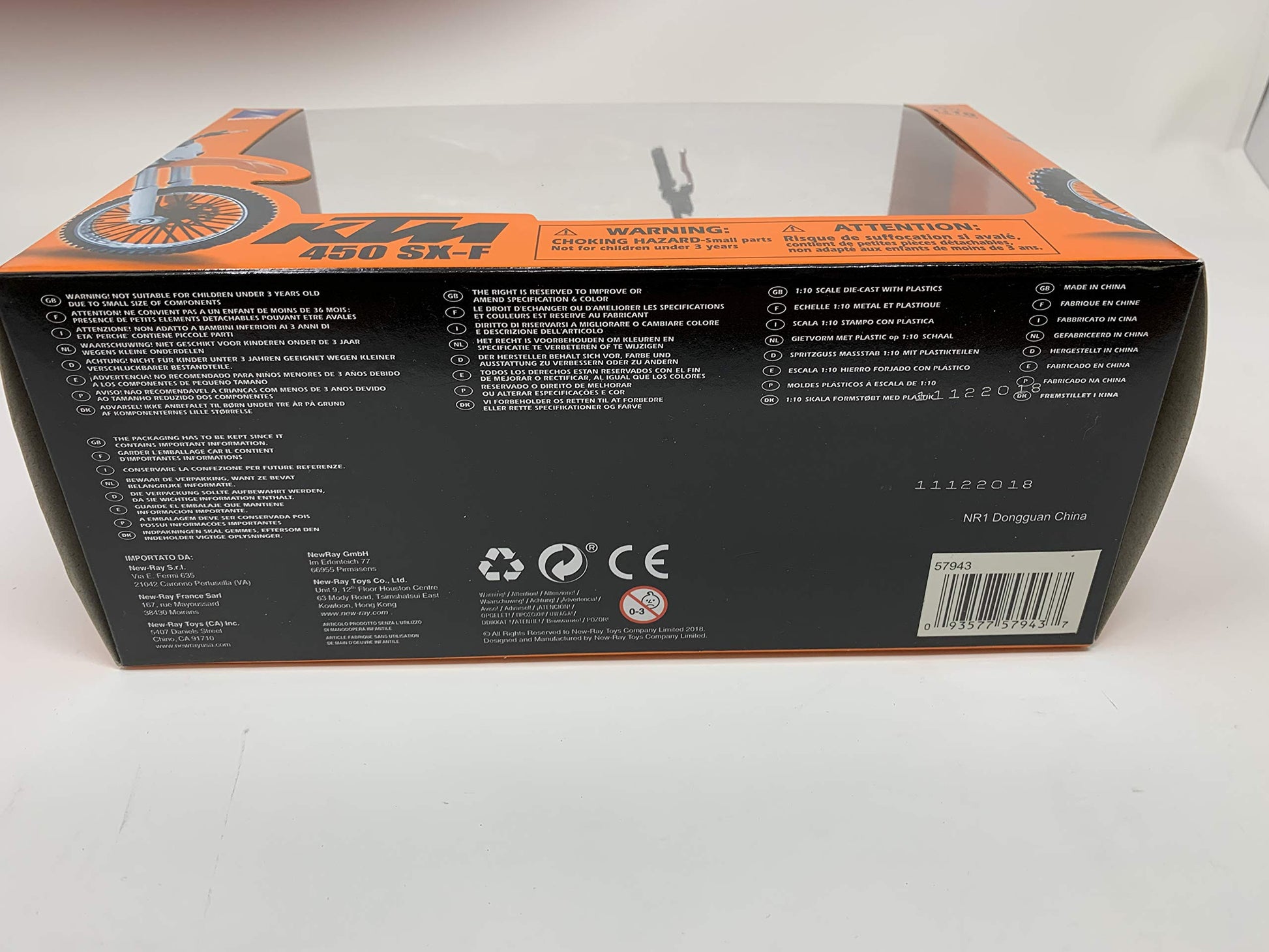 NewRay KTM 450 SXF Dirt Bike, Realistic and Functional, Kids Toy or Collectible Motorcycle 1/10 Scale (57943)