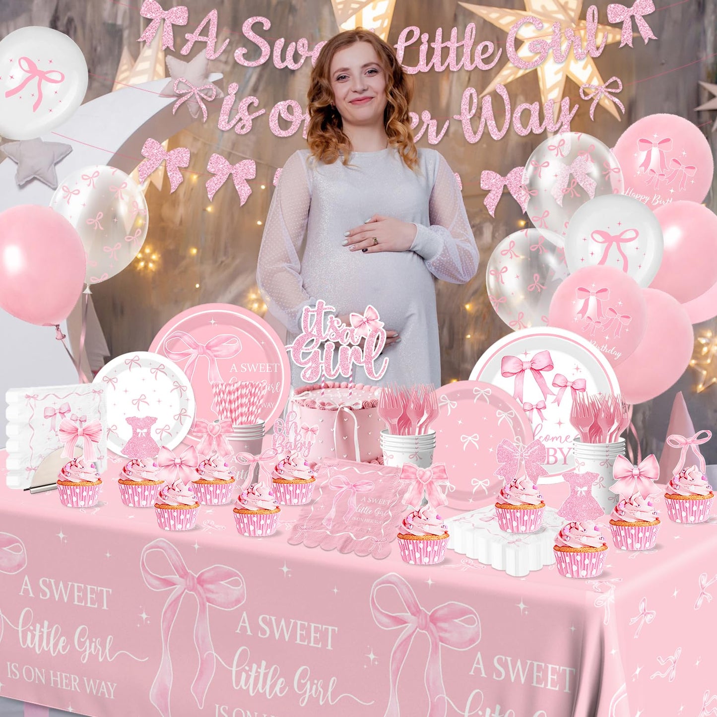 Pink Bow Baby Shower Decorations for Girl,Pink Bow Birthday Party Supplies Include Bow Plate,Napkin,Banner,Cake Topper,Balloons Welcome Baby Girl