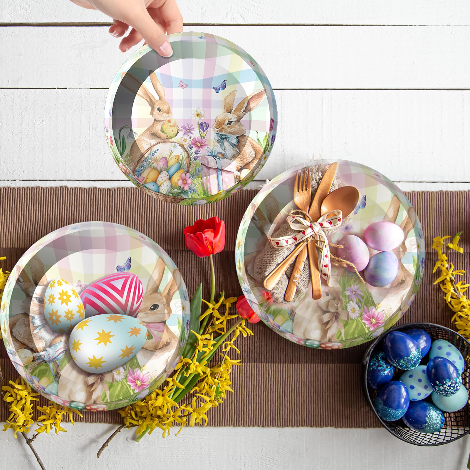 QDIRDEC Easters Party Plates Happy Easters Rabbits Party Tableware Decorations Disposable Easter Plates and Napkins for Kids Spring Birthday