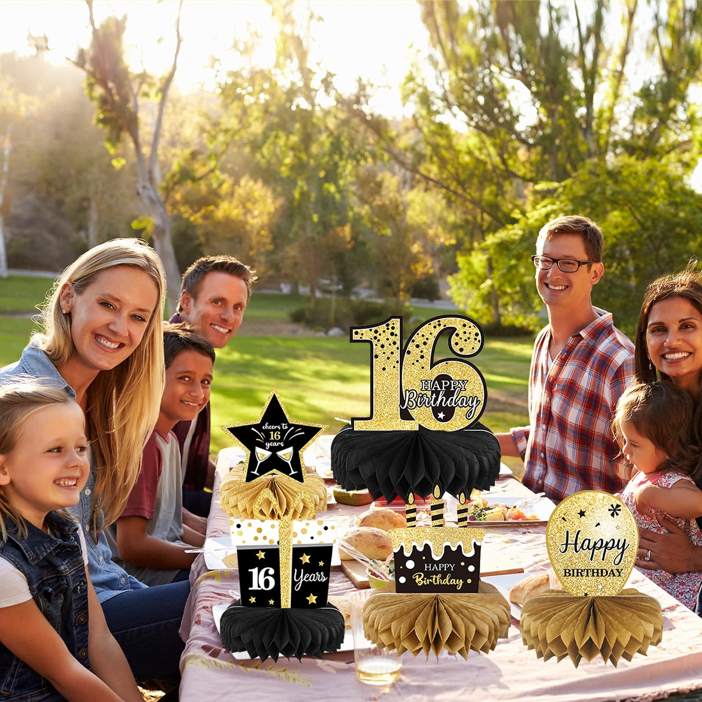 9 Pieces 16th Birthday Decoration for Boys Black Gold 16th Birthday Tables Decor Honeycomb Centerpieces Cheers to 16 Years Table Topper for Boys Girls