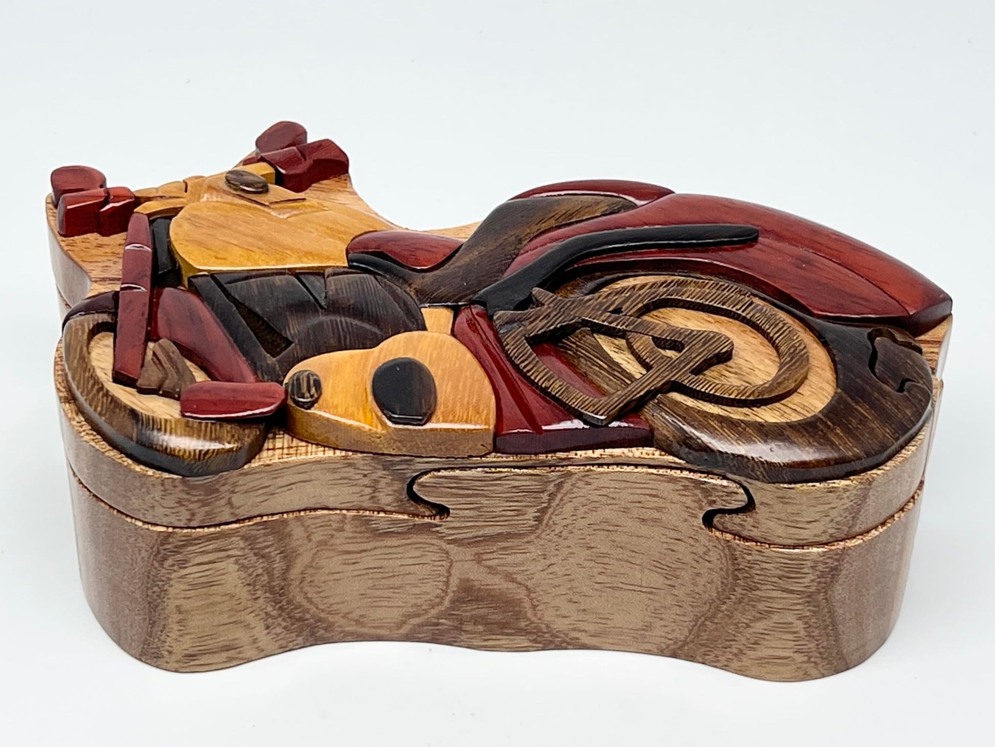 The Handcrafted Motorcycle Wooden Puzzle Box - Hand Carved Wood Trinket Box - All Natural Intarsia Wood Art