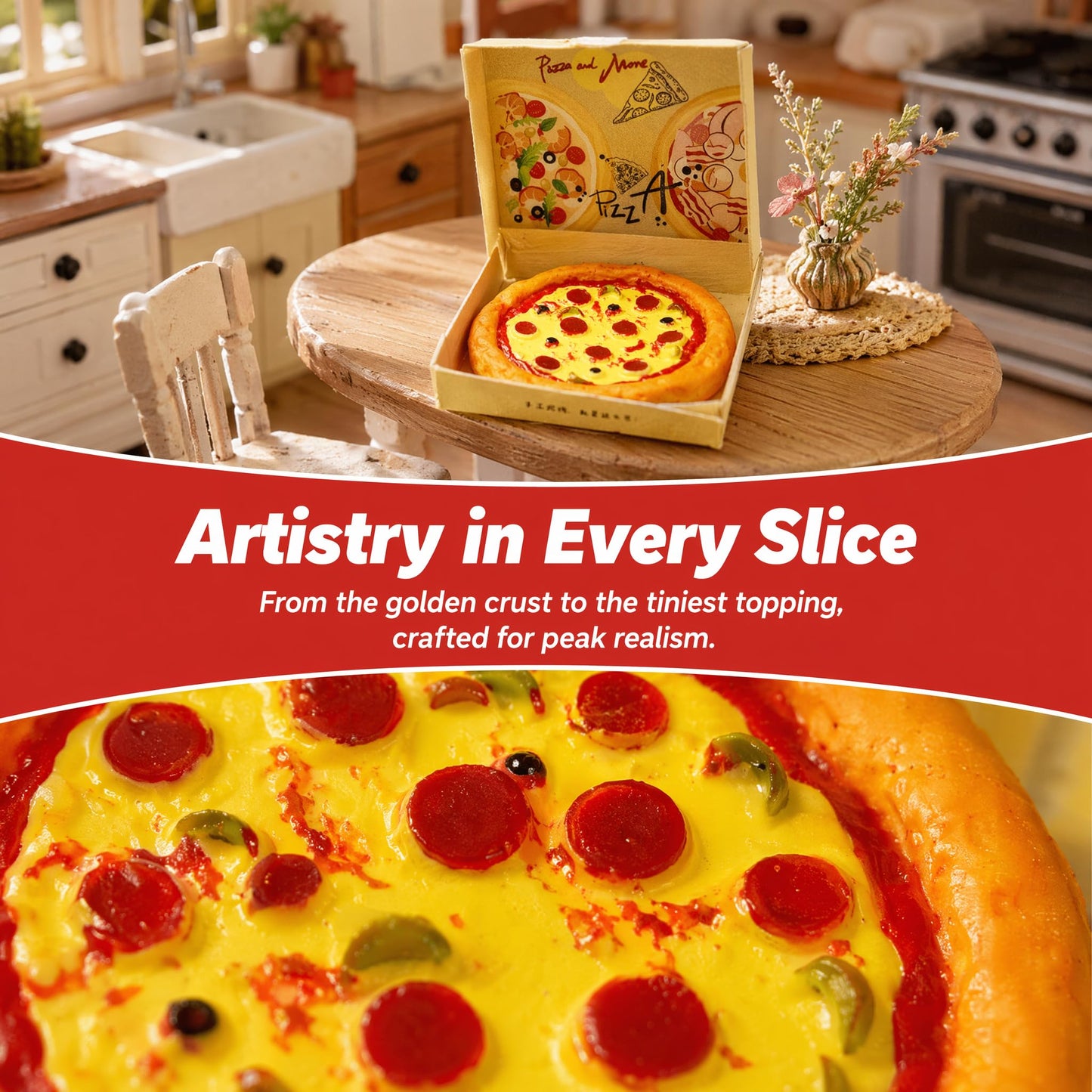 Miniature Pizza Box Set, 1:6 and 1:12 Scale, Dollhouse Food Accessories, Detailed Pizza Box with Printed Graphics Doll Pepperoni Pizza and Authentic