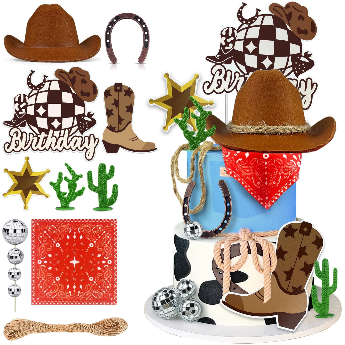 Cowboy Birthday Cake Topper Cowboy Cowgirl Hat Scarf Western Rodeo Theme Decoration for Birthday Baby Shower Western Theme Party Favors Supplies