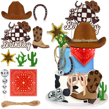 Cowboy Birthday Cake Topper Cowboy Cowgirl Hat Scarf Western Rodeo Theme Decoration for Birthday Baby Shower Western Theme Party Favors Supplies