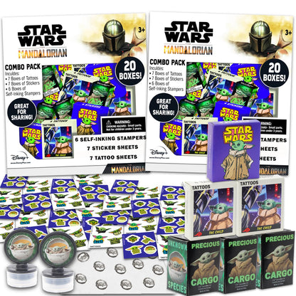Star Wars Holiday Gift Exchange Set - Bundle of 40 Baby Yoda Party Favor Boxes with Stickers, Tattoos, Stampers for Easter Basket Fillers, More
