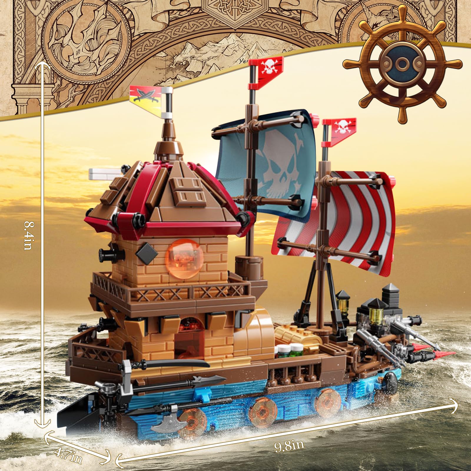 Vziimo Pirate Ship Building Sets with Lights, Creative Model Ship Boat Pirate Themed Toys Building Kits for Home Decor, 916 Pieces Christmas Birthday