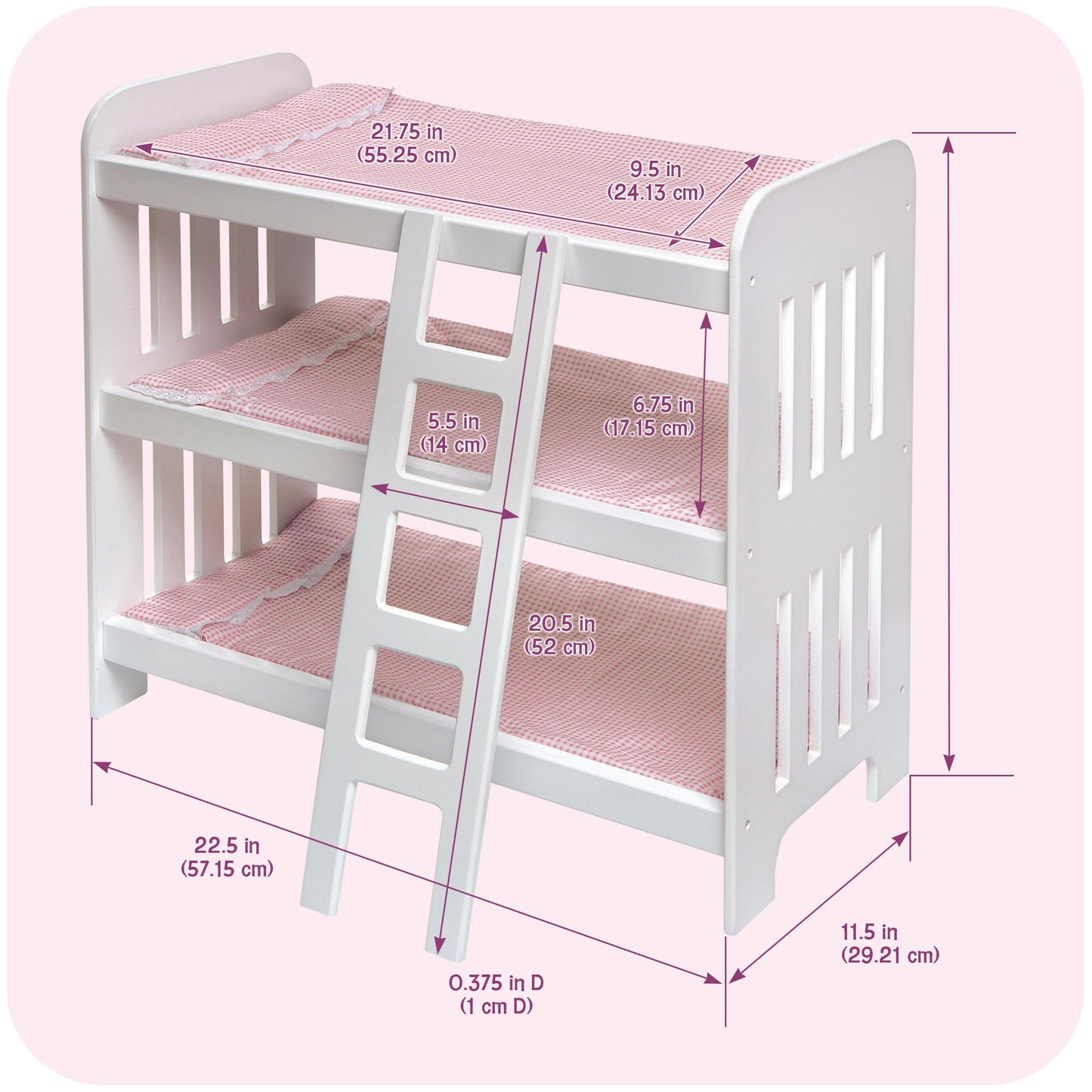 Badger Basket Triple Doll Bunk Bed with Ladder and Bedding for 20-Inch Dolls - Pink Gingham Design with Personalization Kit
