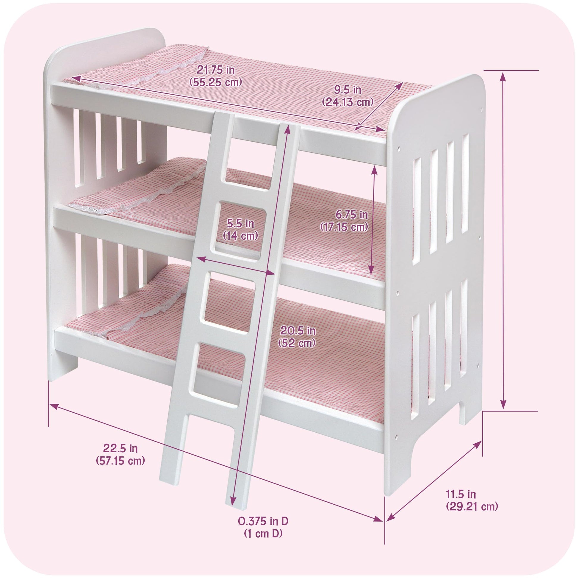 Badger Basket Triple Doll Bunk Bed with Ladder and Bedding for 20-Inch Dolls - Pink Gingham Design with Personalization Kit