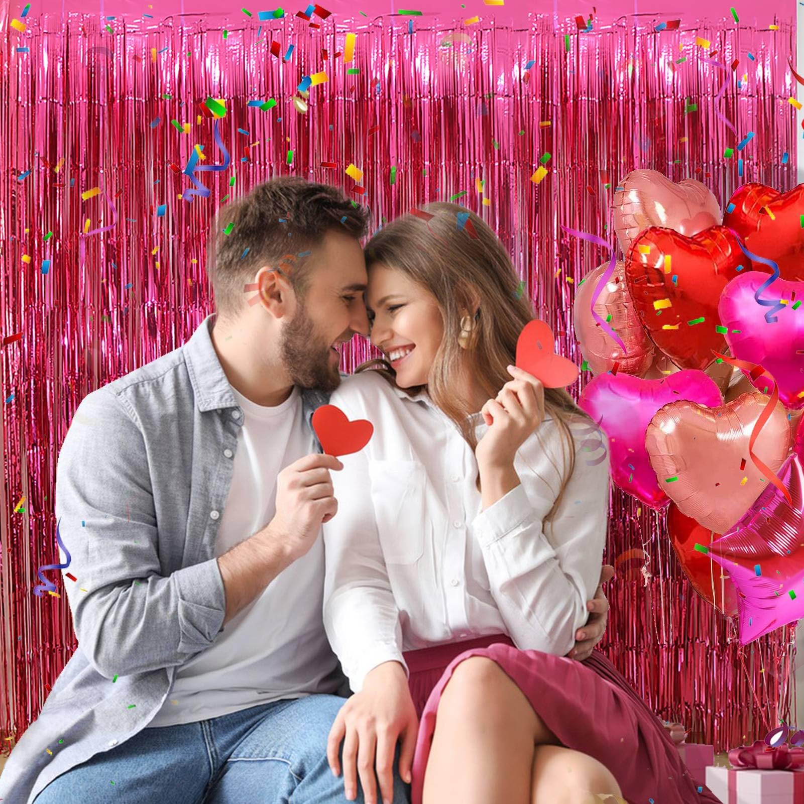 EUFARS Valentine's Day Party Decorations, 3 Pack 3.2x8.2ft Hot Pink Metallic Foil Fringe Curtain Streamer Backdrop for Bachelorette Birthday Party