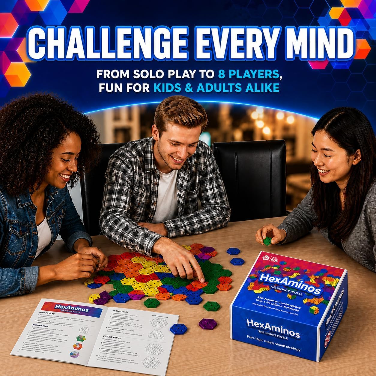 The Infinite Puzzle: Strategy Board Game for Familiy, Teens & Adults. 56 Hexagon Tiles for Solo or 1-8 Players. Travel-Friendly STEM Logic Game, 450